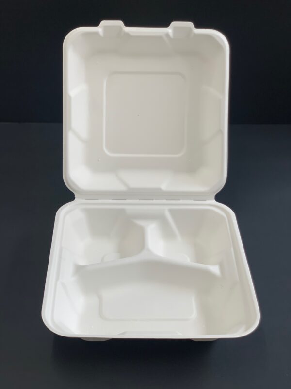 EC 8X8X3-3 Compartment Baggase Clamshell Compostable Container-200pc